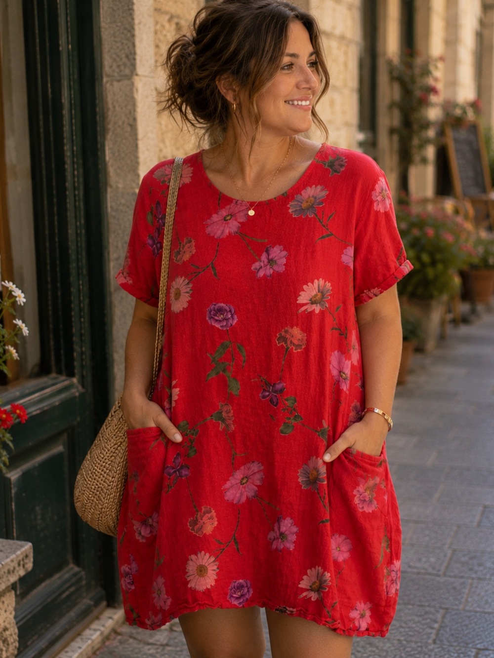 Floral Red Mini Dress with Pockets - Women's Summer Tunic